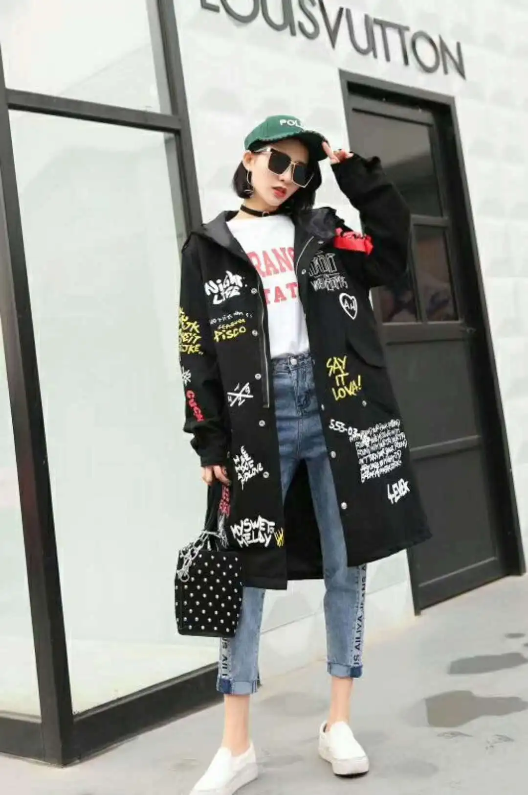 

Women's personality windbreaker jacket female 2019 autumn and winter new tide brand personality printing long hooded jacket