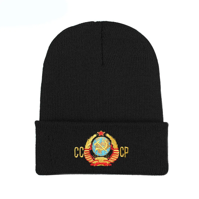 Black Вышивка CCCP мужская вязаная шапка Skullies зимние вязаные шапочки для мужчин двухслойная теплая шапка шапки для мальчиков лыжные кости - Цвет: Black