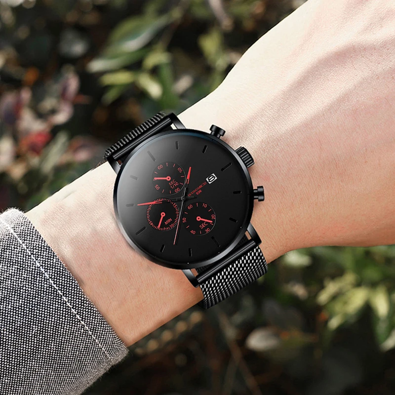

Casual Mesh Man Watch Retro Three Eyes Blue Pointer Belt Quartz Stainless Male WriststWatch Date Clock Relogio Masculino Clock