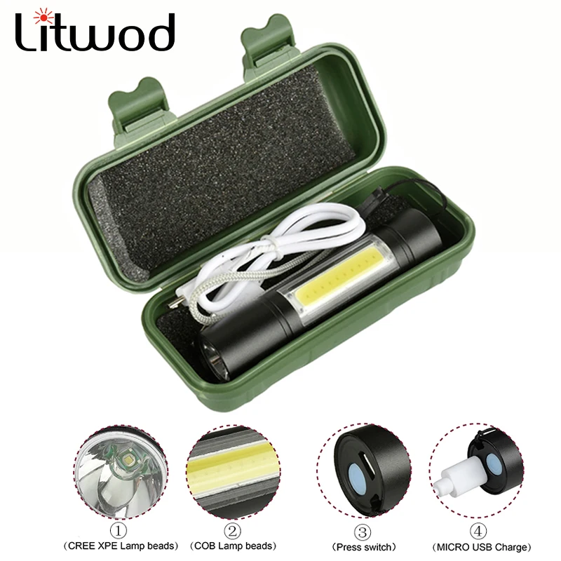 

LED Flashlight Micro USB Rechargeable Lantern 3 Mode Torch Waterproof Built-in Battery Light for Camping Q5 & COB 2000LM Bulbs