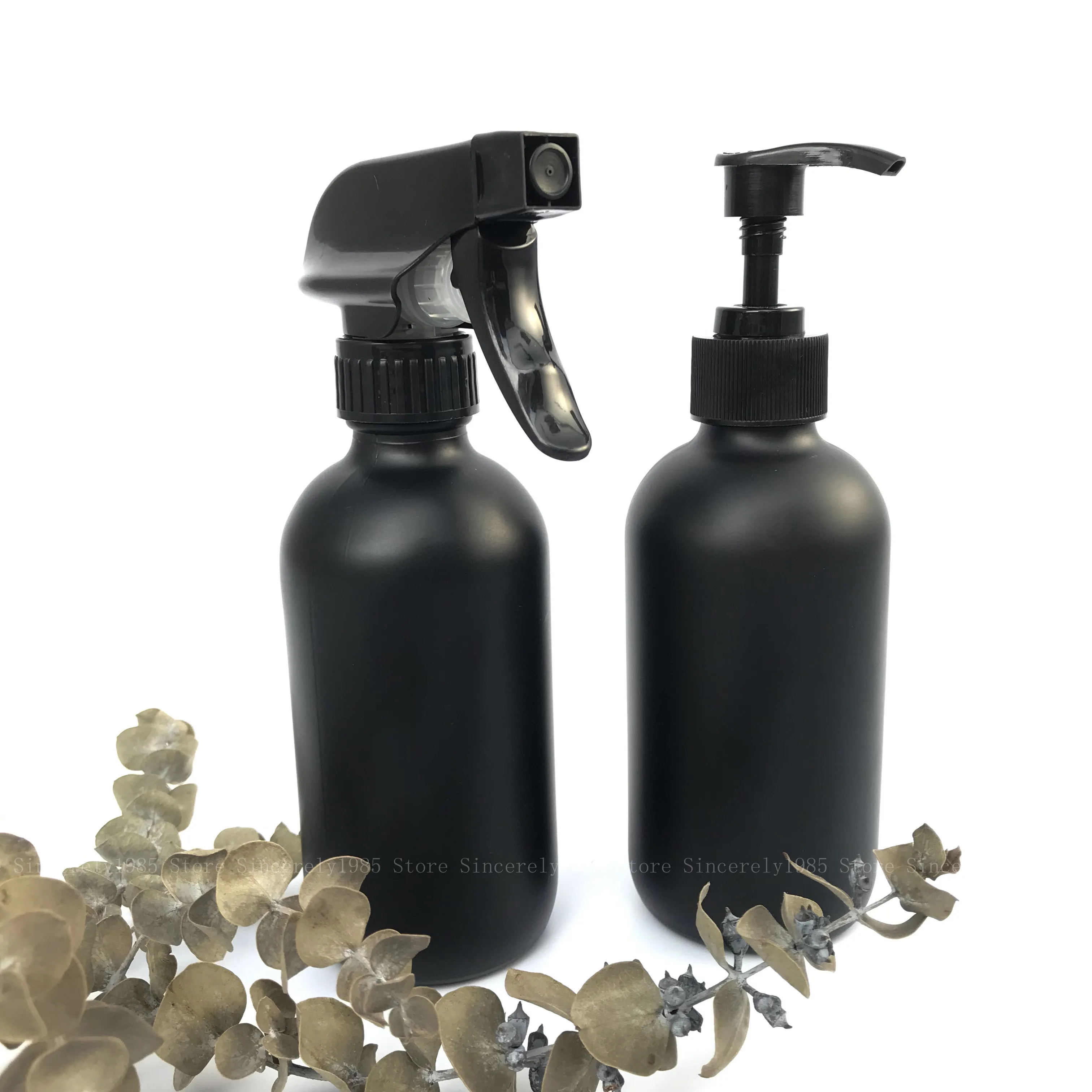 

2X 250ML Refillable Glass Bottles Black Pumps Trigger Sprayers Shampoo Shower Hairdressing Beard care Salon Barber Hair Homemade