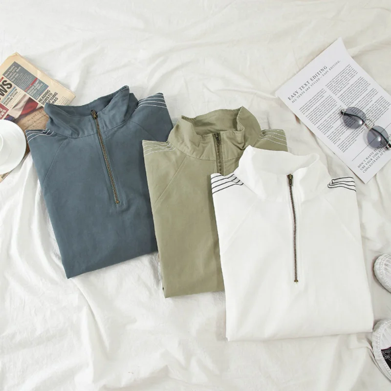 

Autumn New Loose Retro Drawstring Half Zipper Solid Color Long Sleeve Coat Women