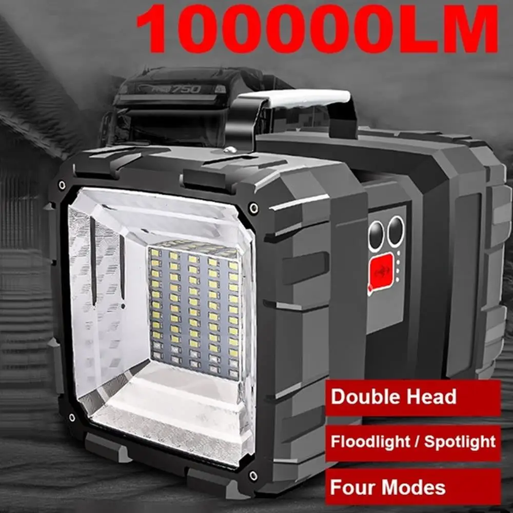 

100000lm Flashlight Handheld LED Spotlight Double Head Searchlight Phone Charger Waterproof USB Rechargeable 10000mAh