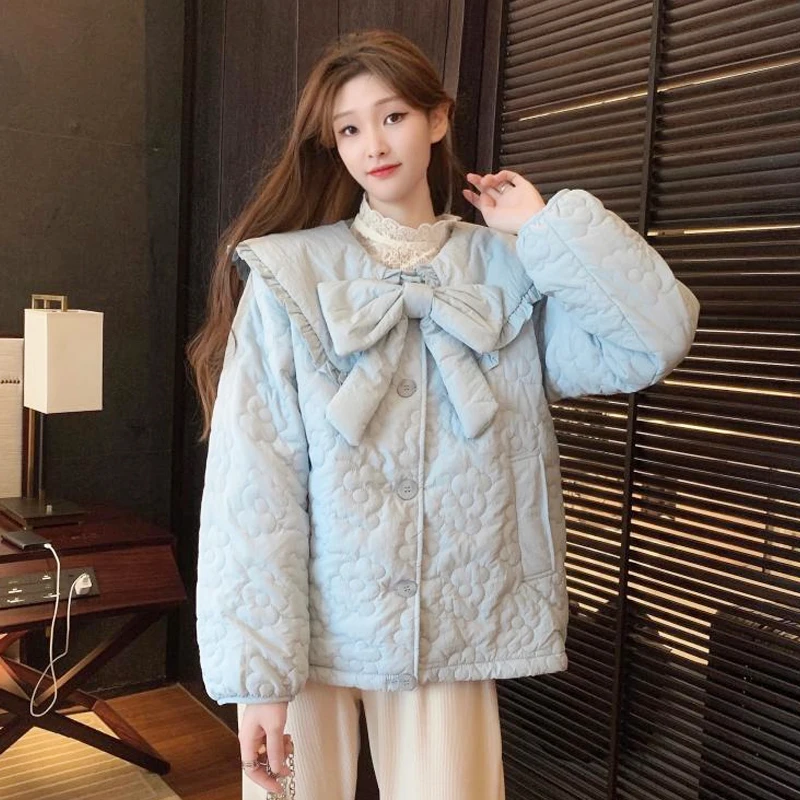 

Простая Тонкая зимняя хлопковая куртка, женское Прямое пальто с милым кукольным воротником и длинным рукавом, верхняя одежда, однобортные С...