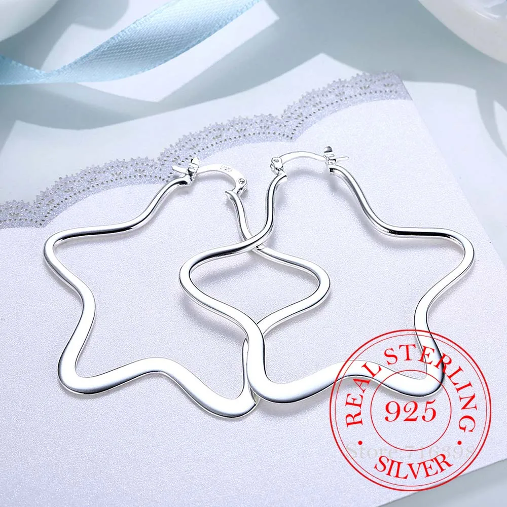 Personality Hyperbole 100% 925 Sterling Silver Simple Smooth Big Star Hoop Earrings For Women Sterling-Silver-Jewelry Pendientes | Украшения