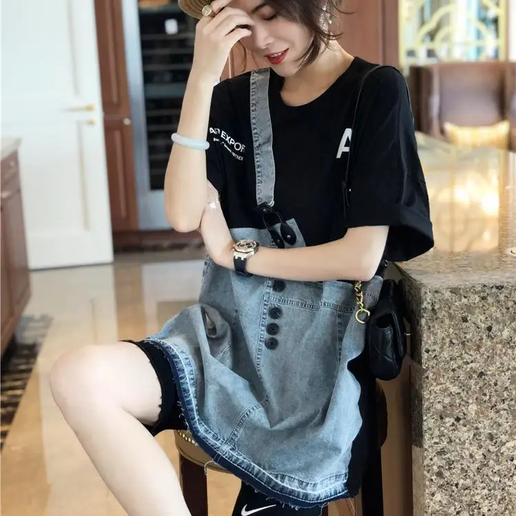 

Fake two-piece strap large T-shirt skirt women's summer 2021 new loose denim half sleeve jacket tide