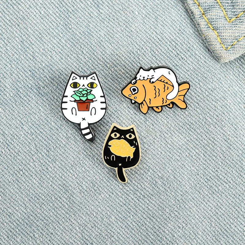 

Ins Tide Cute Cartoon Animal Cat Goldfish Brooch Creative Personality Kitten Potted Pin Badge All-match Clothing Accessories
