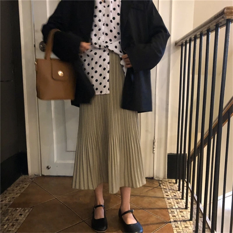 

New Womens Chic Solid Pleated Midi Female Casual High Waist Skirts Spring Autumn