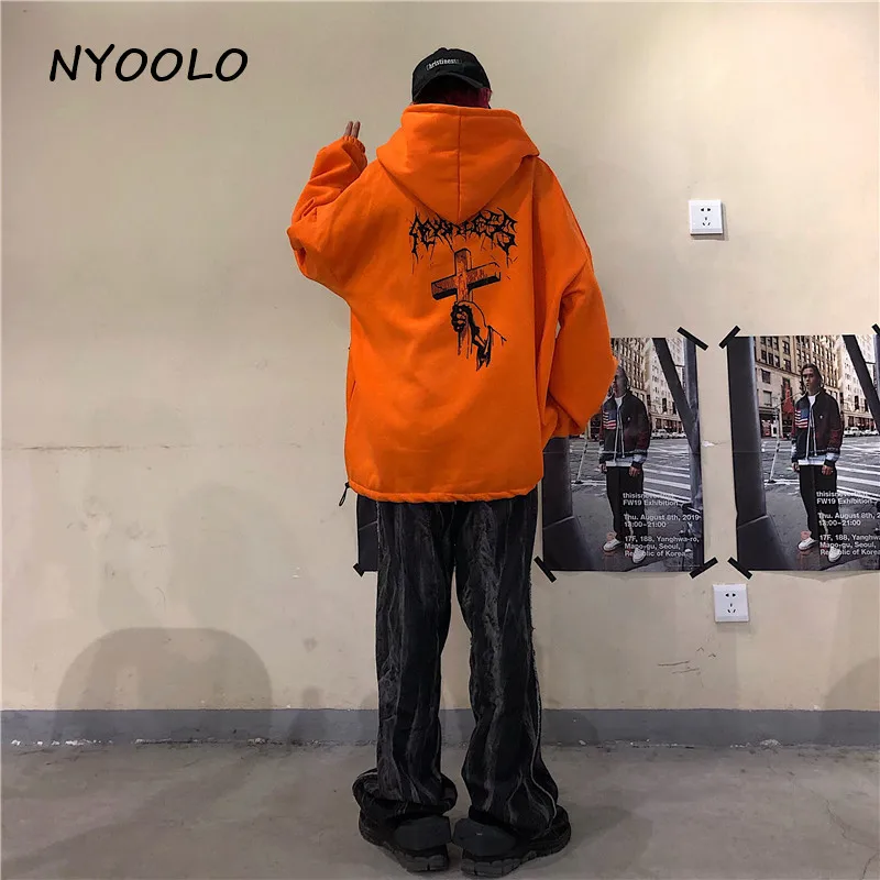 NYOOLO Harajuku street cross letters print thick warm hoodies Autumn winter long sleeve hooded pullovers Sweatshirt women men