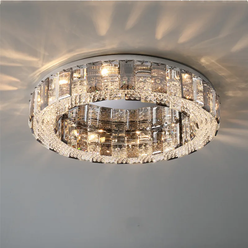 

Living Room Art Deco Chrome Steel Ceiling Lights Round E14 Bedroom Lustre Gray Clear K9 Crystal Ceiling Lamp Luxurious Lamparas