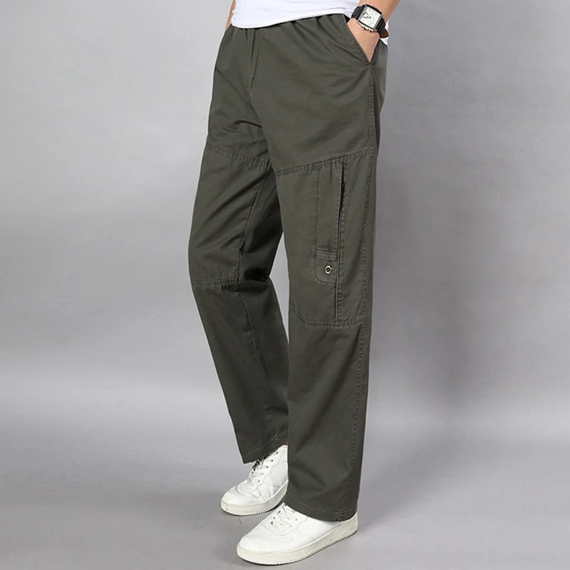 

autumn Men cargo pants pocket zipper khaki plus size 6XL 8XL out door Stretch trousers Straight safari style pants army green 48