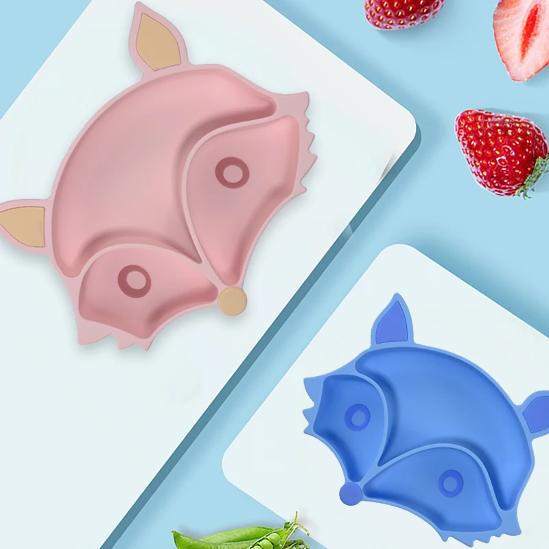 

Baby Dinner Plate Baby Feeding Bowl Cartoon Elephant Fox Silicone Suction Plate Feeding Dinnerware Infant Tableware Set