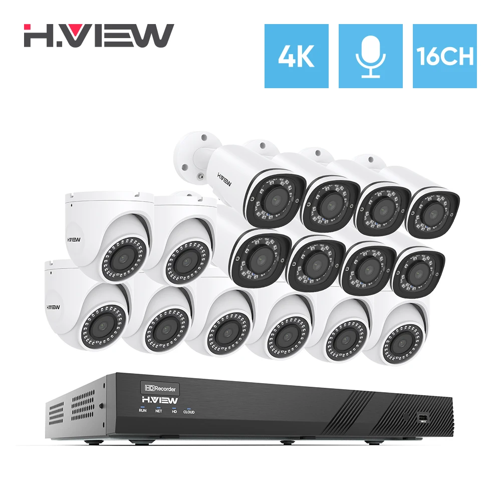 H.View 4K Ip камера 8Mp 16Ch Poe Nvr набор наружная Cctv система безопасности H.265 аудио запись