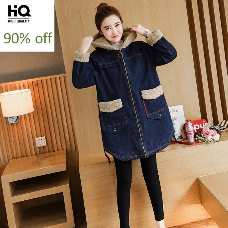 Зимние теплые женские толстые джинсовые пальто с капюшоном и подкладкой из