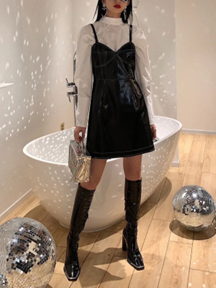 

2020 Sexy Preppy Style Club Party Short Dress Solid Black Wet Look Latex Bodycon Faux Leather Push Up INS Dress Leotard