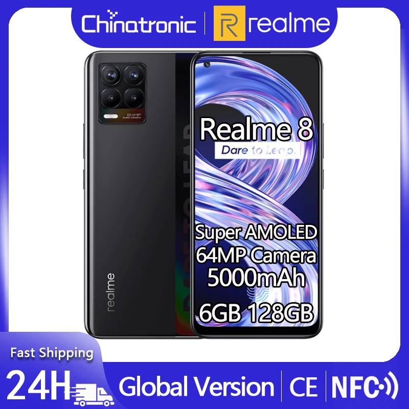 Глобальный realme 8 6 ГБ 128 мобильный телефон 64 мегапиксельная четырехъядерная
