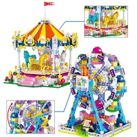 city friends series amusement park carousel micro building blocks merry go round roller coaster pirate ship street view toys