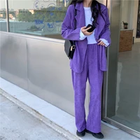 purple solid design corduroy blazers notched double breasted and chic solid trouser korean style spring fall all match womens