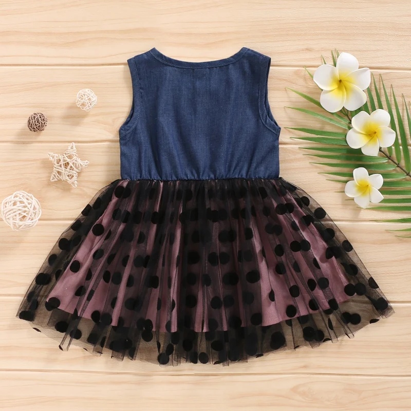 

Hot Girls Dress Summer Baby Girl Dress Denim Mesh Flying Sleeve Hat As A Gift Summer New Polka Dot Denim Dress
