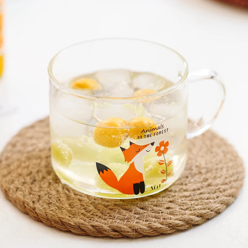 

JINYOUJIA Cute Fox Coffee Mugs Breakfast Animal Milk Juice Tea Heat Resistant With Handle Cup Transparent Thickening Home Gift