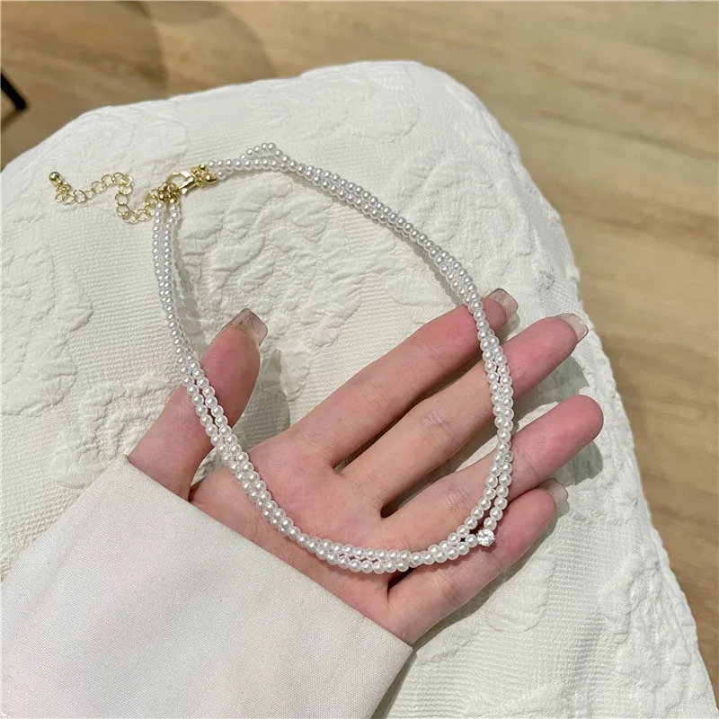 

French Retro Style Multi-layer Pearl Necklace Korean Rhinestone Short Clavicle Necklace Collier Femme Jewelry Gift