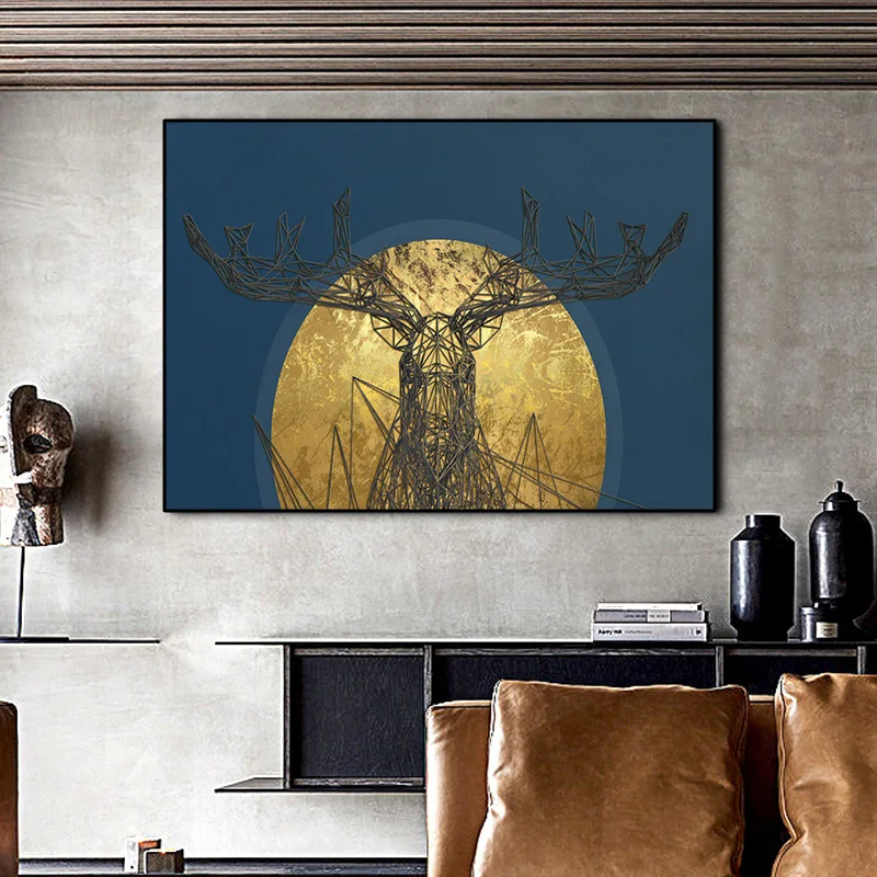 

Modern Nordic Golden Abstract Lines Deer Animal Posters and Prints Canvas Painting Wall Pictures for Kids Study Room Decoration