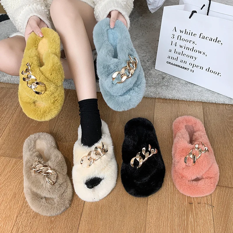 

Female Shoes Plush Slippers For Adults Big Size Flock Platform Rivet Low Candy Colors 2021 Fur Flat Hoof Heels Fabric Rubber Aut