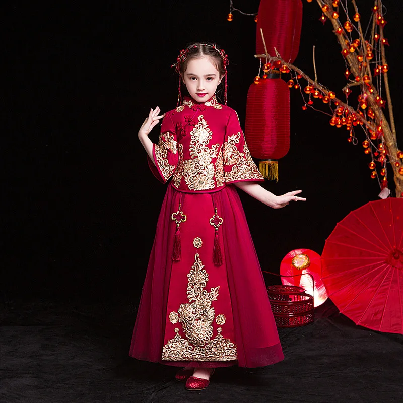 Winter Girl Red Modified Cheongsam New Year'S Dress Children'S Chinese Style Tang Suit Little Girls Han Costume Garment |
