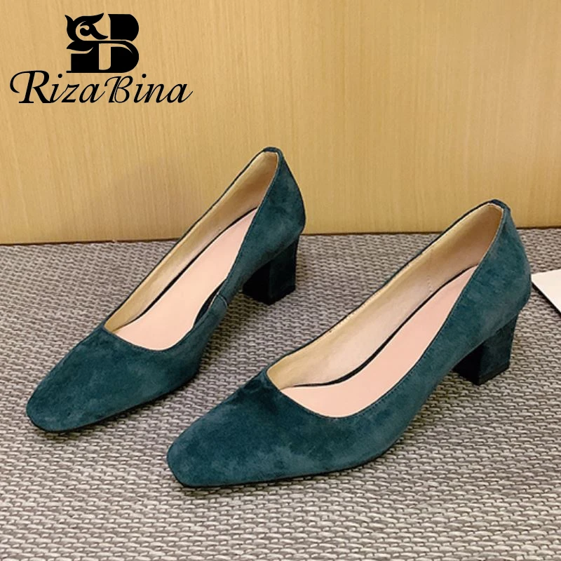 

RIZABINA Women Pumps Suede Real Leather Thick Heel Women High Heel Shoes Fashion Wedding Shoes Women Footwear Size 33-40
