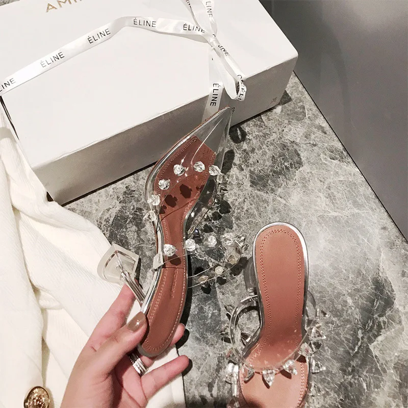 

High Heel Women's Shoes Sexy Wine Glass with Pointed Toe Shoes Crystal Buckle Sandals Fashionable All-match Transparent Shoes
