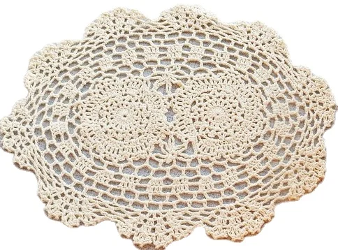

Handmade Flower Brooch Placemat Oval Decorative Table Mat White Rice 2PCs