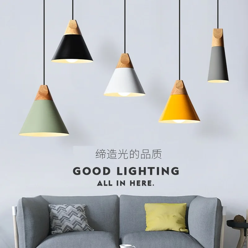 

Led Nordic LED Pendant Lights Dining Room Pendant Lamp Modern Colorful Restaurant Kitchen Coffee Bedroom Loft Hanglamp Wood E27