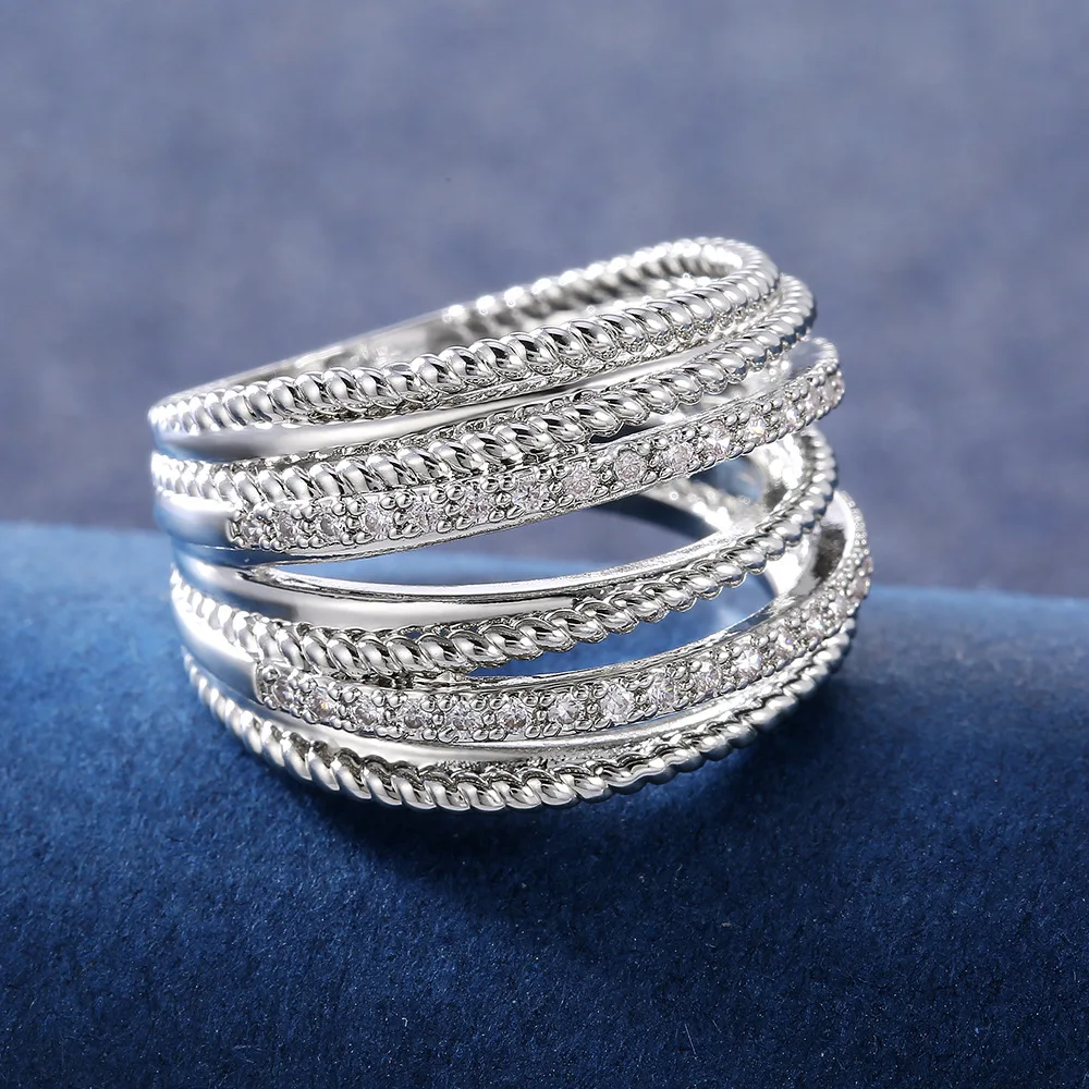 

Silver Color Multiple Row Rings Shiny CZ Metallic OL Style Office Lady Versatile Finger Rings for Women Fashion Jewelry Bague