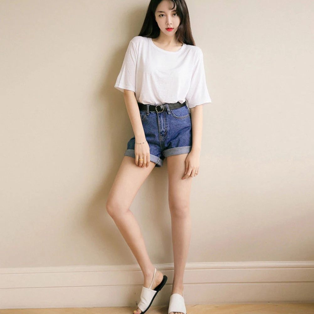 Шорты женские джинсовые с завышенной талией эластичные широкими штанинами и