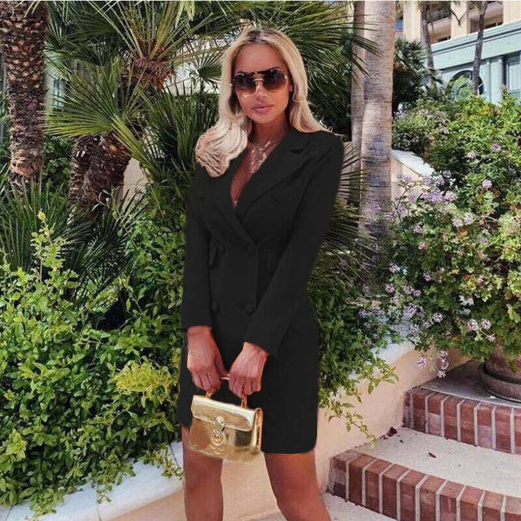 Офисный Женский Длинный блейзер женские двубортные с пуговицами спереди Военный стиль короткое платье-пиджак femme Повседневный осенний Блейзер mujer