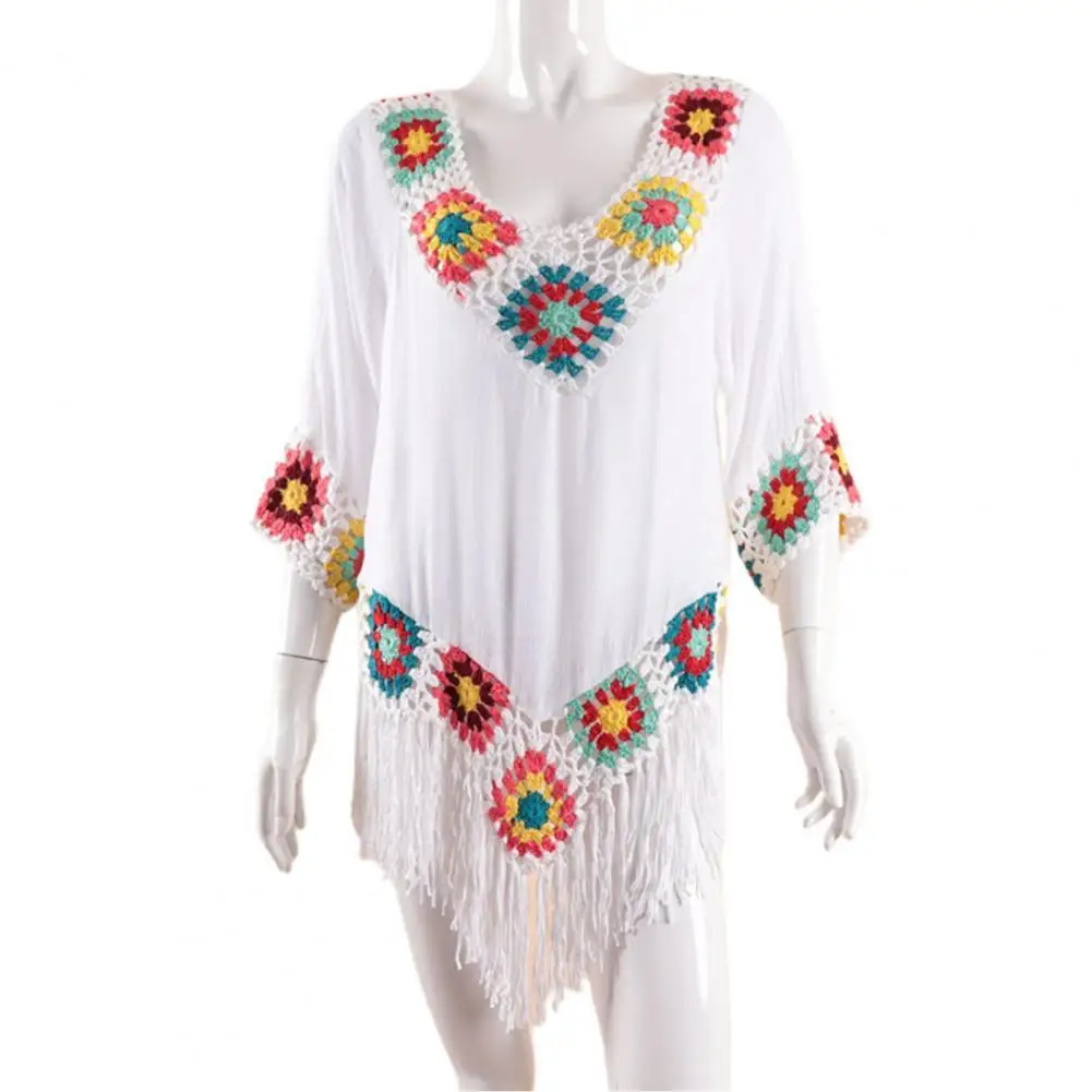 

Женский купальник с V-образным вырезом и коротким рукавом, модный прозрачный, с вязаным крючком цветком, повседневная накидка, стильное пляж...