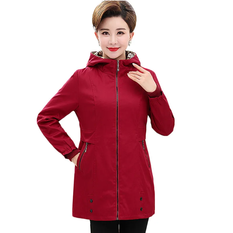 

Plus Size 5XL Middle-aged Women Trench Coat New Spring Autumn Coat Hooded Long-sleeved Cotton Windbreaker Female Outerwear Tops