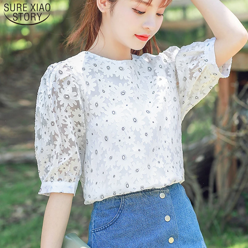 

2022Summer O Neck Pullover Ladies Tops Korean Floral Blouse Women Office Lady Short Sleeve Polka Dot White Shirt Women 9616