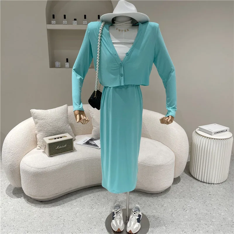 

Two Piece Set Women's Spring 2021 Niche Design Fashion Short V-Neck Long Sleeve Thin Cardigan Top+high Waist One-step Long Skirt