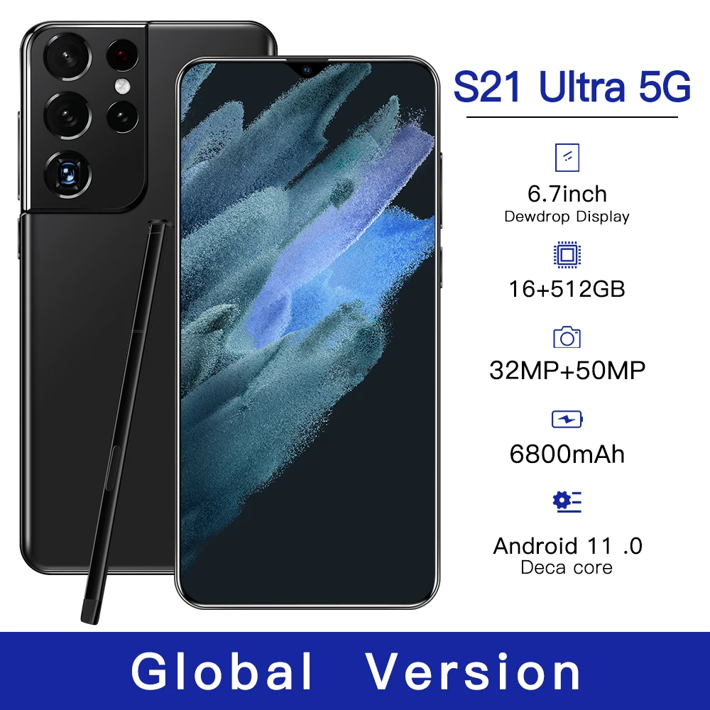 

New Version Galay S21 Ultra Smartphone 5G 16GB 512GB 6.7Inch Android10 6800mAh Full Screen Deca Core LTE Network Mobile Phone