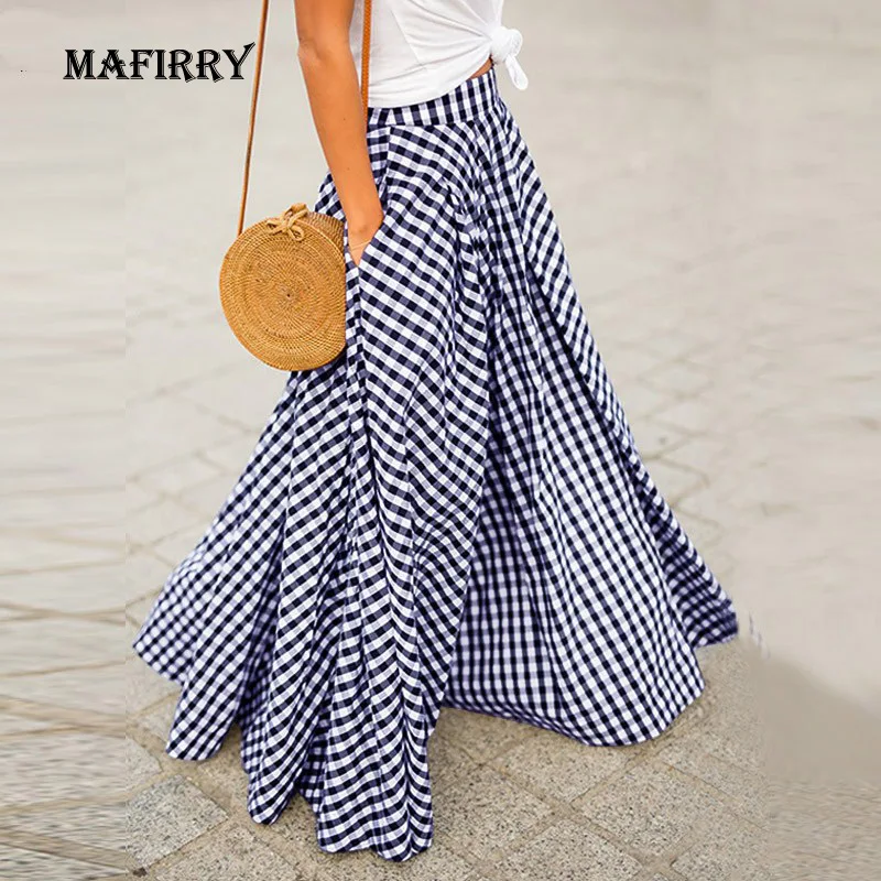 

Women High Waist Striped Print Holiday Skirt Female Slim Fit Casual Skirt Summer Loose Oversized 5XL Beach Pockets Long Skirt
