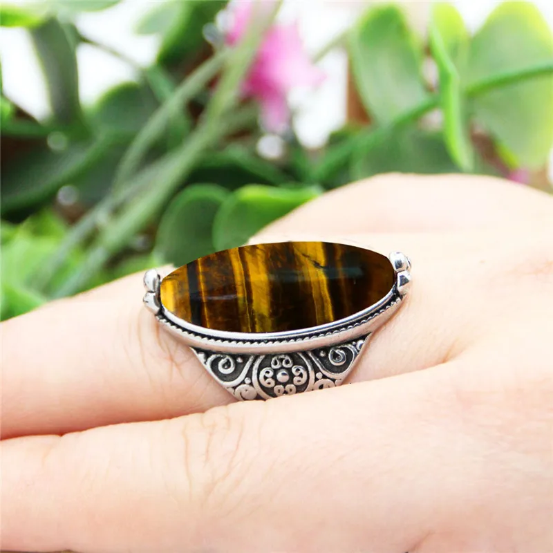 Irregular Natural Tiger Eye Rings Flower Band Stone Ring For Women Antique Silver Plated Fashion Jewelry TR665