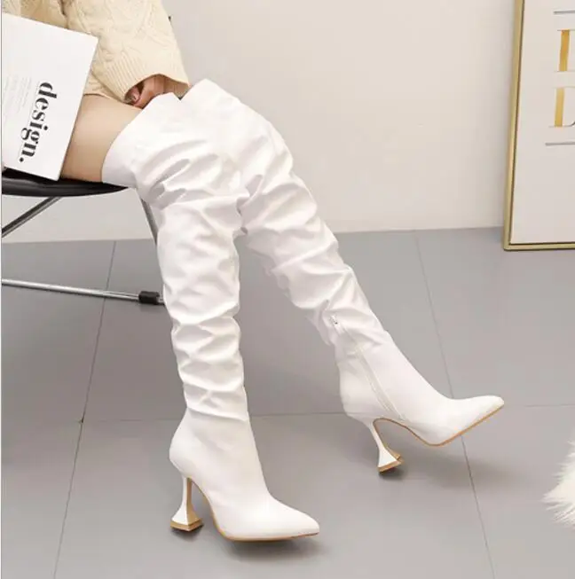New Design Pleated Leather Over The Knee Boots Fashion Runway Strange High Heels Sexy Pointed Toe Zip Womans Shoes | Обувь