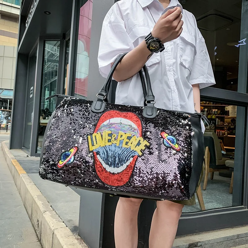 구매 새로운 스팽글 글자 체육관 가방 짧은 여행 가방 휴대용 스포츠 가방 대용량 수하물 가방 여성