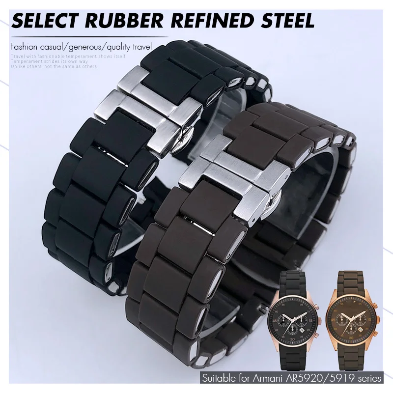 

20mm 23mm Rubber Steel Watch Strap Black Brown White Blue Watch Bands for Armani AR5890/5891/5906/5905 for Men Women Bracelet