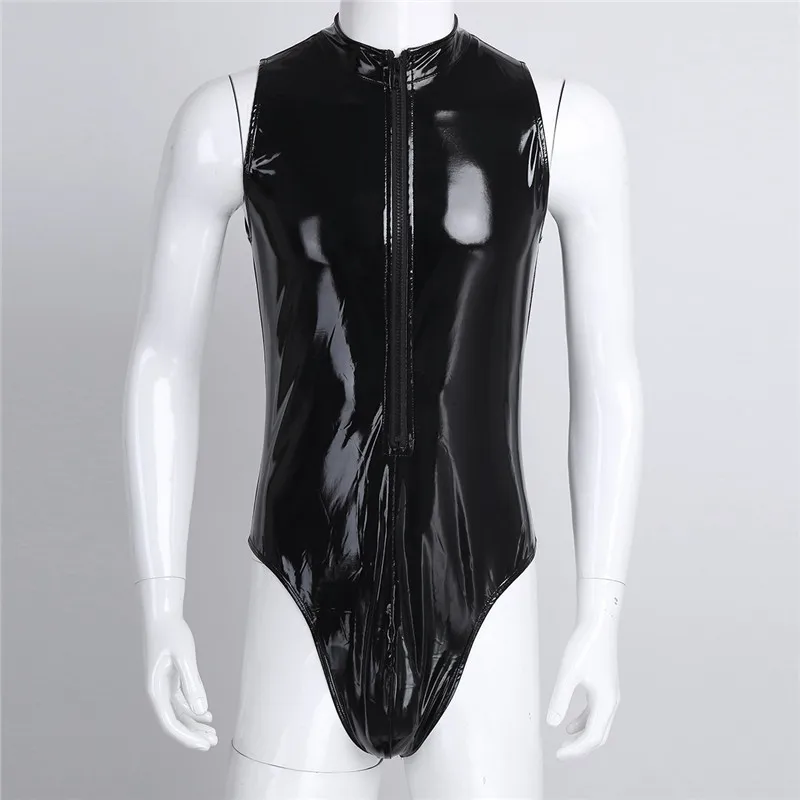 Мужской черный слитный купальник из лакированной кожи без рукавов сексуальный