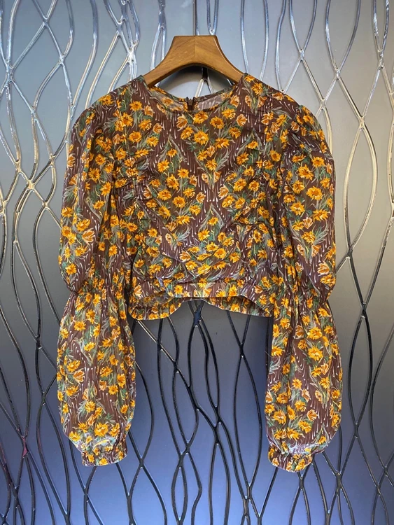 

2021 new women fashion round neck small flower pattern color matching decoration lantern long sleeve all-match blouse 926