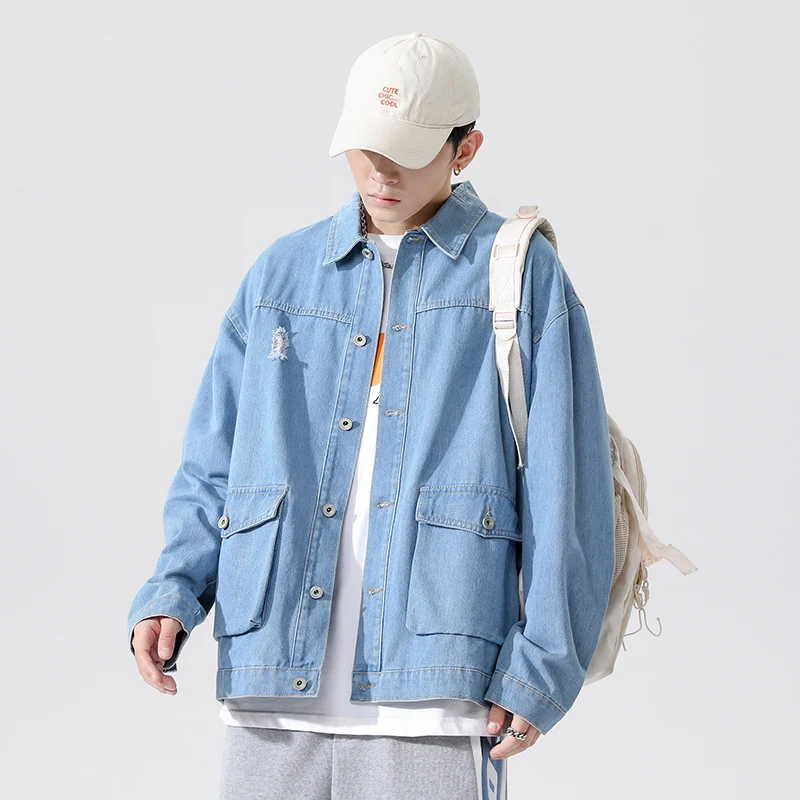 Мужская джинсовая куртка с длинным рукавом синяя приталенная из хлопка верхняя