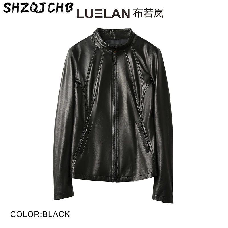

SHZQ кожаное пальто для женщин 2021 весеннее шерстяное Короткое женское пальто из натуральной кожи Модный корейский приталенный мотоциклетный...