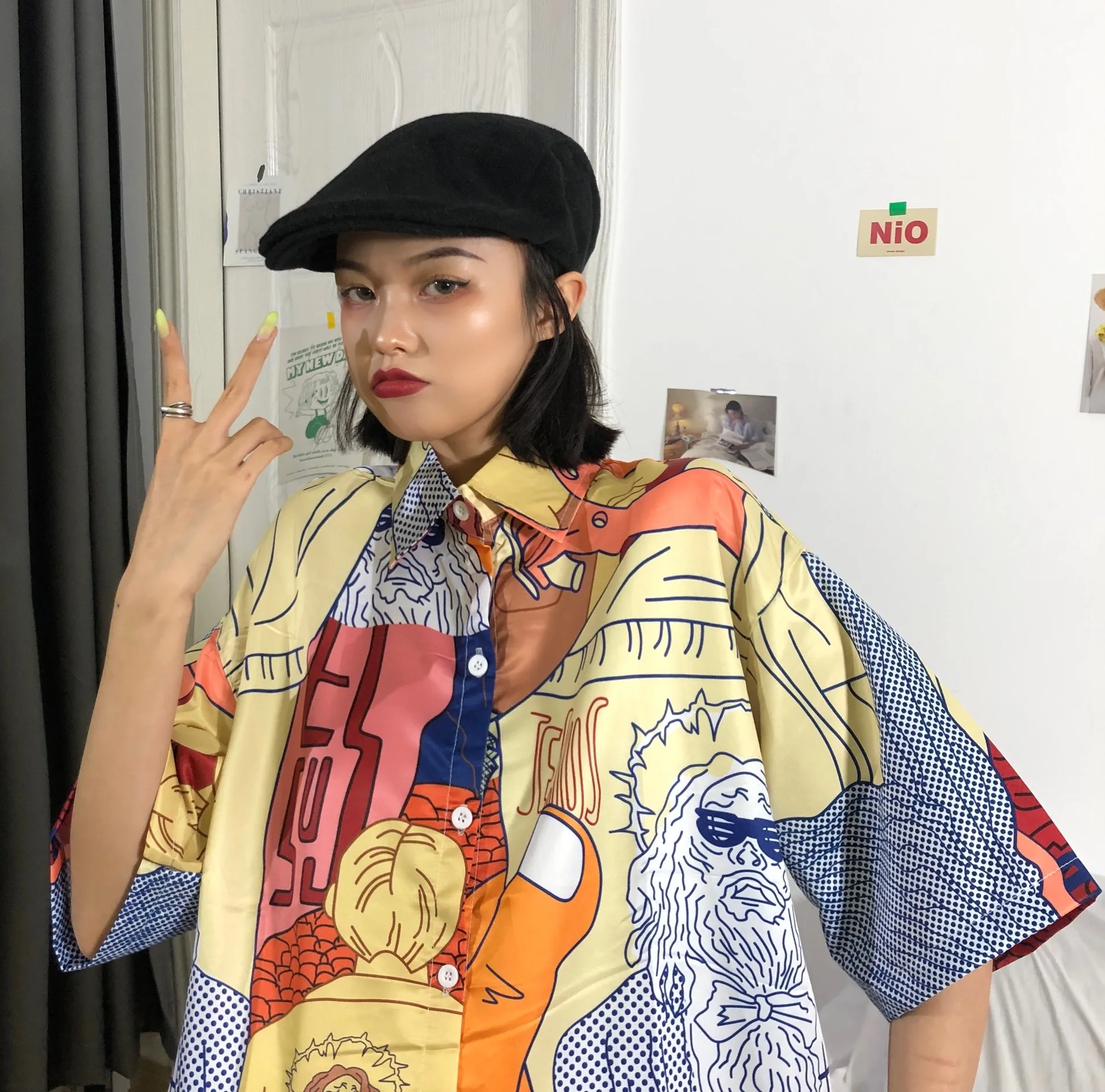 

Women Harajuku Blouse Shirt Summer Funny Graphic Short Sleeve Button Up Tops Clothes Hip Hop Punk Streetwear Ladies Clothing